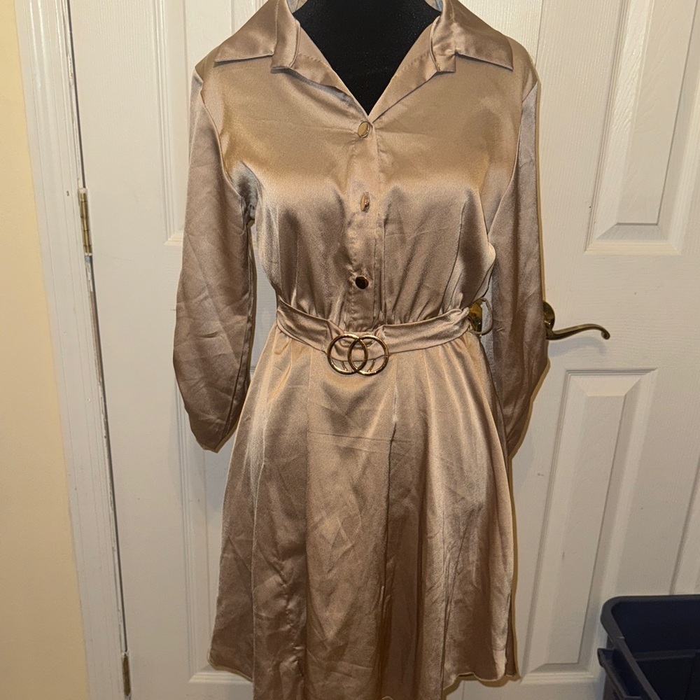 Elegant Satin Gold Dress - Picture 2 of 16